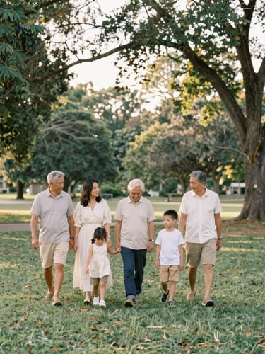 A wide environmental portrait of a multi-generational family walking through a restored community park at golden hour, soft natural light, editorial film style