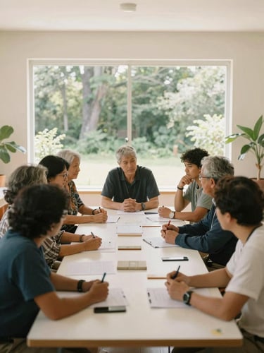 A wide environmental shot of a collaborative community meeting in a sunlit room, with diverse leaders discussing plans over a table, warm diffused daylight, natural editorial aesthetic.