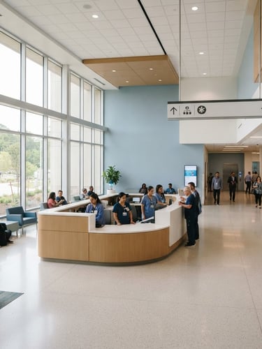 A bright, modern hospital lobby with clear directional signage, soft blue and white walls, natural daylight, sharp focus, professional medical setting, 35mm.