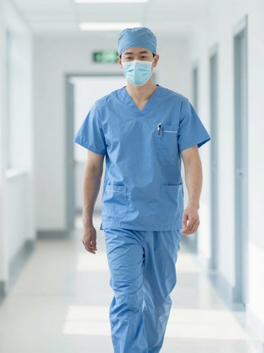 A professional medical doctor in clean scrubs walking down a bright, sunlit clinical corridor, soft blue tones, sharp focus, 35mm.