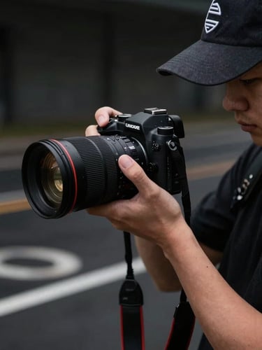 A creator holding a professional camera on a track-day pit lane, wearing a dark cap, moody lighting