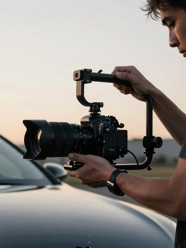 Behind the scenes of an automotive content creator adjusting a high-end camera rig mounted to a performance vehicle, moody golden-hour lighting, sharp details, 35mm lens