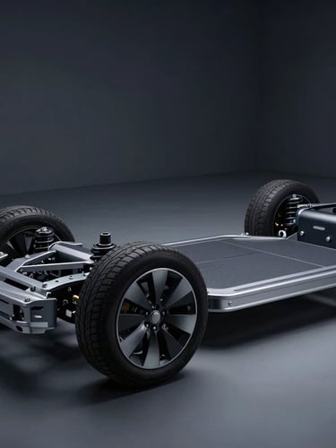 Close-up of a modern electric vehicle chassis and suspension details in a clean, minimalist development studio, low-key dramatic lighting