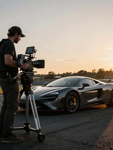 Behind the scenes of a professional camera rig filming a luxury sports car on a closed track, golden hour lighting, cinematic atmosphere, high-end production gear visible