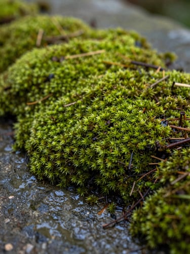 Extreme close-up of soft green moss on a wet stone, diffused natural morning light, quiet and organic texture with rich detail