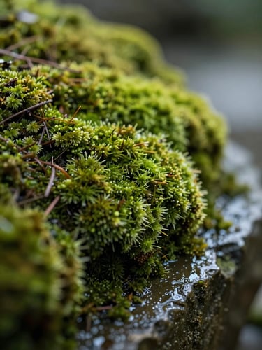 Extreme close-up of soft green moss growing on a wet stone, diffused morning light, high contrast, calming organic texture