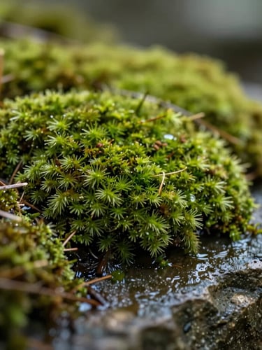 Extreme close-up macro photograph of soft green moss growing on a wet stone, gentle natural light, high contrast organic textures.