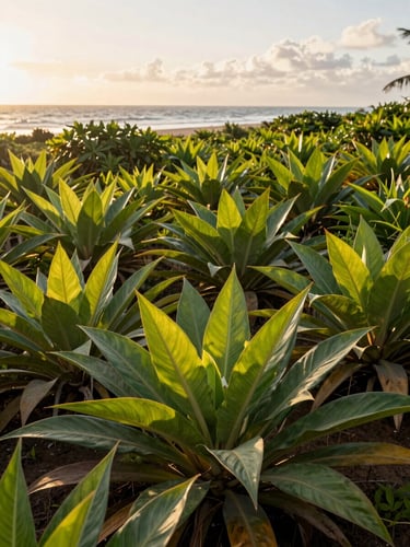 Wide environmental shot of a mature coastal garden in Pernambuco, salt-tolerant plants with broad green leaves, diffused golden afternoon light, dark earth visible at the base, ocean atmosphere implied in the hazy background
