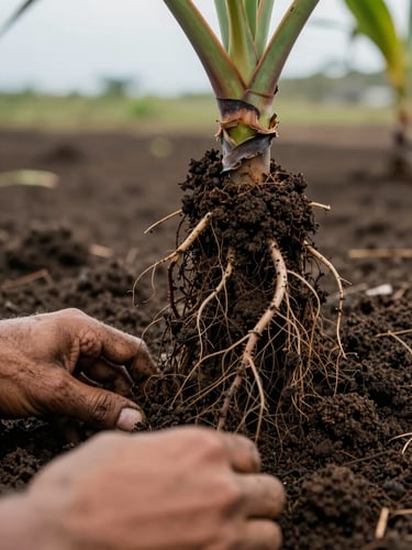 Extreme close-up of hands working dark coastal soil around the base of a plant root system, morning diffused light, visible soil texture and fine root threads, Pernambuco coastal garden setting