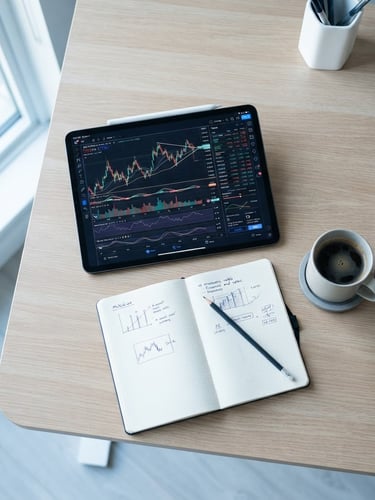 Overhead view of a clean modern desk with an iPad displaying financial charts, a sleek notebook, and a cup of coffee, bright natural daylight, cool blue tones, sharp focus, 35mm