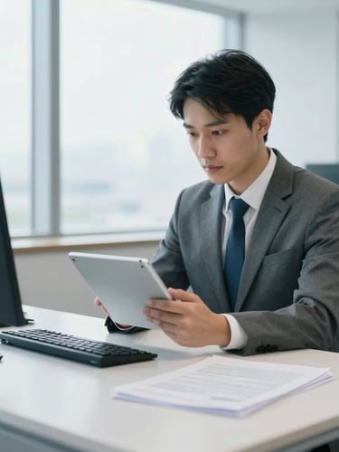 A professional accountant in a bright, modern paperless office, looking at a tablet screen, cool daylight, clean professional photography, 35mm