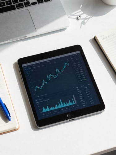 Overhead clean desk layout with a tablet displaying financial charts, a modern notebook, and a blue pen under bright natural daylight.
