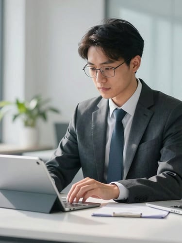 A professional UK accountant working at a modern organized desk with a tablet, bright natural daylight, cool blue and white undertones, sharp focus, 35mm