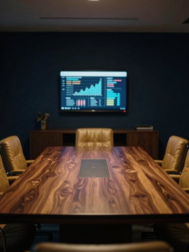 Interior de un despacho corporativo moderno y elegante, con una mesa de reuniones de madera oscura y sillas de cuero, iluminación tenue y una pantalla mostrando gráficos discretos. Estilo cinematográfico, tonos azul medianoche y dorado.