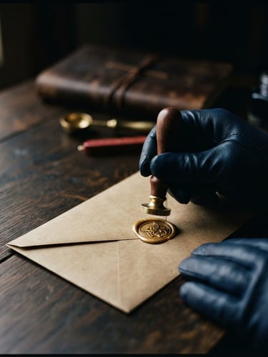 Manos enguantadas sellando un sobre de papel kraft con un sello de cera dorado, sobre una mesa de madera oscura. Iluminación dramática, tonos azules y dorados, poca profundidad de campo.