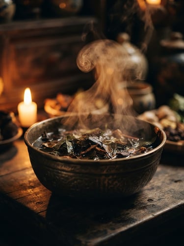 Moody editorial photography of steam rising from a traditional Vietnamese bronze herbal bowl, warm candlelit glow, rich dark bronze tones, shallow depth of field, 35mm film.