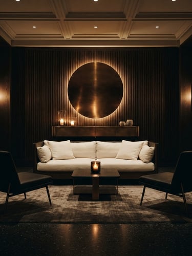 Symmetrical architectural shot of a minimalist luxury lounge, warm bronze lighting, soft shadows, pristine linen textures, 35mm film