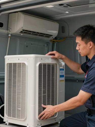 A technician in a branded uniform securing a wrapped indoor AC unit inside a clean, modern transport van, daylight, professional framing.