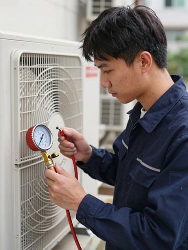 Medium environmental shot of a certified technician in a clean navy uniform inspecting an outdoor air conditioning unit with a pressure gauge, bright natural daylight, professional tools visible, high-contrast, sharp focus.