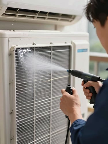 Close-up of a certified technician in a clean uniform using a specialized high-pressure water sprayer to deep-clean the aluminum fins of an indoor split AC unit, bright natural daylight, water droplets visible.