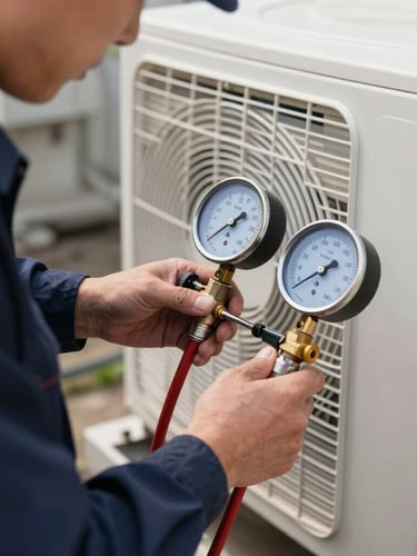 Close-up of a certified technician in a clean navy uniform working on an outdoor AC unit with professional pressure gauges, bright natural daylight.