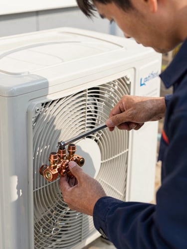 Close-up of a certified technician in a navy uniform carefully using a torque wrench to secure copper valves on an outdoor AC unit, bright daylight, high contrast.