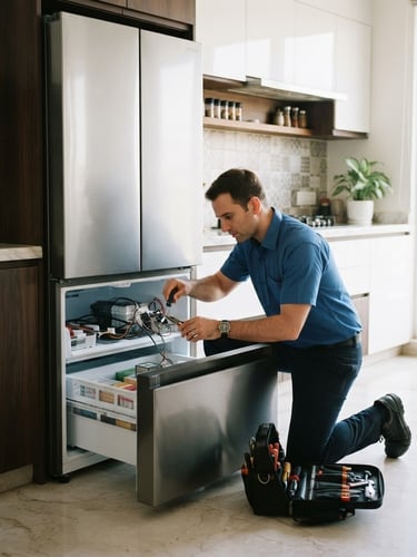 A clean, professional technician in a blue uniform repairing a premium modern double-door refrigerator in a bright, upscale Gurgaon kitchen, 35mm photography