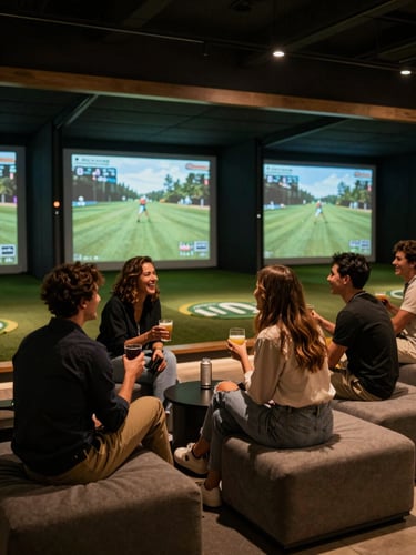 A group of friends laughing and holding drinks, sitting on modern lounge seating inside a moody indoor golf simulator bay, warm ambient lighting.