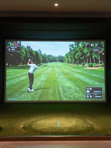 Wide shot of a premium indoor golf simulator bay, glowing high-fidelity screen displaying a lush green fairway, golfer in mid-swing, moody low-key ambient lighting, 35mm.