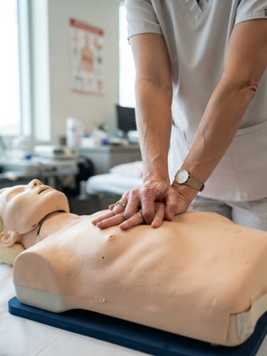 Close-up of hands demonstrating chest compressions on a high-fidelity CPR manikin in a bright Houston training room, crisp daylight, professional medical setting.
