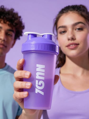 Dynamic low-angle portrait of a diverse Gen Z athlete holding a vibrant shaker cup, high-contrast lavender gel lighting, sharp focus, 35mm