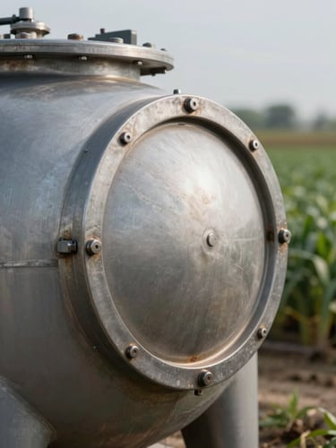 Extreme close-up of a heavy-duty double-welded steel seal on an industrial compost tank, clean industrial lighting, agricultural background