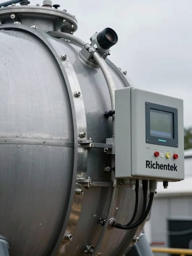 Close-up of a Richentek compost tank's heavy-duty steel seals and digital control panel, showing precise engineering details under overcast daylight.