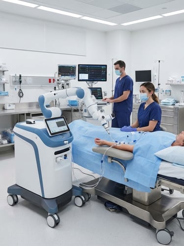 Wide environmental shot of the VenaBot robotic medical device in a modern, brightly lit clinical room, sterile hospital environment, soft shadows
