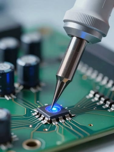 Macro shot of a high-precision soldering iron tip touching a microscopic capacitor on a green circuit board, cool blue LED lighting, shallow depth of field, clinical laboratory environment.