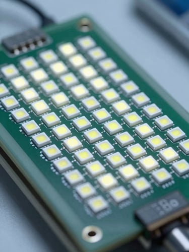 Macro shot of a high-end commercial LED panel module under diagnostic testing, cool white LED highlights illuminating the pixel grid, clinical laboratory setting.