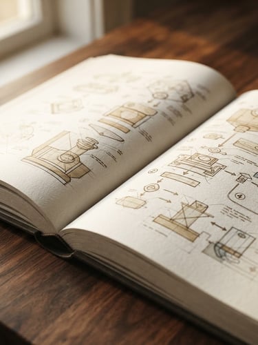 Close-up macro shot of a premium, structured eBook mockup with textured paper, open to a page showing a step-by-step blueprint, under soft directional window light, warm muted tones, shallow depth of field, on a clean dark wooden desk.