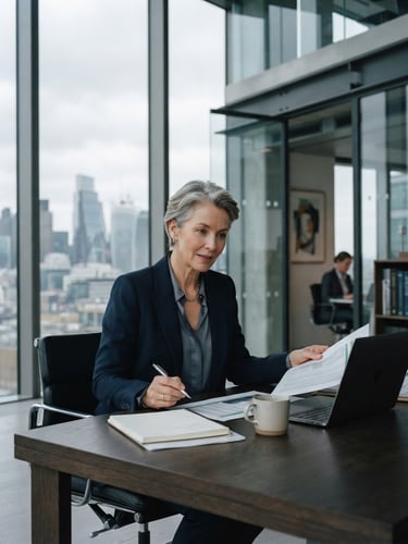 Environmental portrait of a senior financial consultant in a modern architectural office, cool overcast daylight, deep navy and slate tones, sharp lines, 35mm