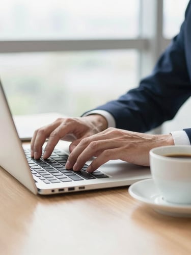 Close-up of hands typing on a laptop next to a cup of coffee on a clean wooden desk, bright natural daylight, modern office environment