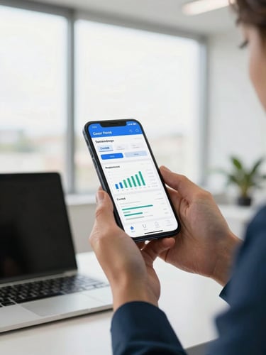 Bright modern office in Cuiabá, natural window light, professional accountant holding a smartphone with a clean financial dashboard, warm editorial style