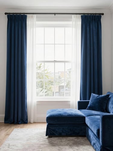 Bright editorial interior photography of a luxurious living room, soft natural window light, deep blue accents, crisp clean composition, 35mm lens