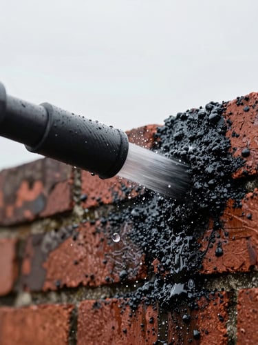 Extreme close-up of a high-pressure jet nozzle slicing through thick black grime on weathered red brick, water droplets frozen in mid-air, bright overcast daylight, sharp action shot, 35mm