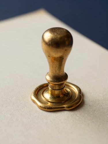 Macro shot of a heavy gold wax seal on a textured parchment document, soft dramatic side-lighting, deep navy background, sharp focus