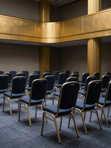An editorial wide shot of a modern Viennese conference hall with soft dramatic side-lighting, high-contrast shadows, deep navy chairs, and gold architectural accents, sharp focus, 50mm lens.
