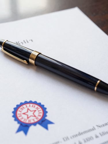 A close-up of a classic fountain pen resting on an official legal document with a certified blue and red ribbon seal, soft dramatic side-lighting from a window.