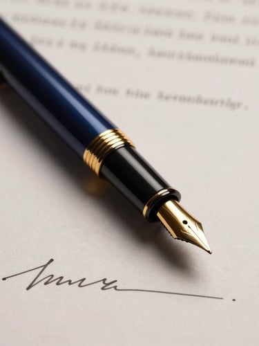 Close-up of a classic fountain pen resting on a signed legal contract, warm gold details, soft dramatic side-lighting, deep navy shadows, editorial corporate photography.