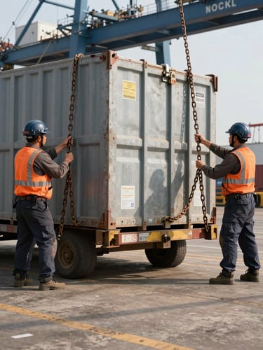 Close ground-level view of stevedores securing heavy breakbulk cargo in a port terminal, hands gripping rigging chains against a steel deck, warehouse structure visible in the background under natural daylight