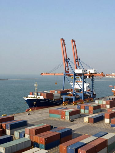 Wide panoramic view of Karachi Port at midday, a container vessel moored at berth in the center-right, cargo cranes active overhead, stacks of containers and breakbulk cargo on the dock below, deep water and horizon to the left, natural daylight