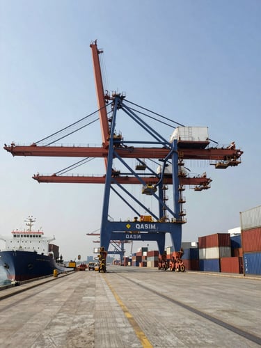 Wide shot of Port Qasim terminal infrastructure at midday, a gantry crane spanning a container berth in the center frame, steel and concrete dock structures extending to the right, a moored vessel's hull visible at the far left edge, industrial daylight