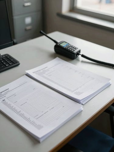 Close overhead view of cargo manifest paperwork spread across a worn desk at a port coordination office, a radio handset resting on the documents, natural window light falling across the scene, steel filing cabinets visible in the background